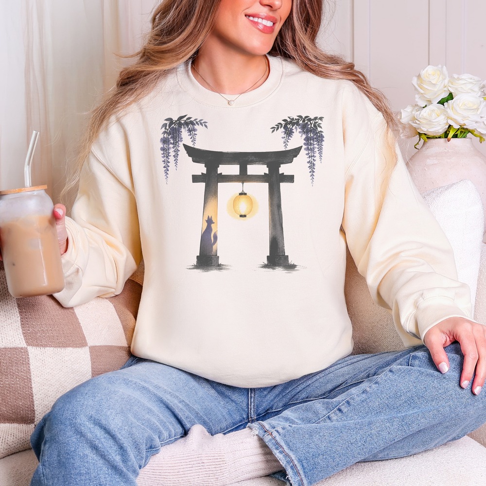 Fox Spirit Beneath Torii Gate and Lantern Glow Sweatshirt